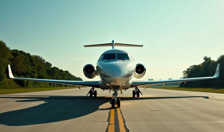 Private jet on tarmac with green surroundings.