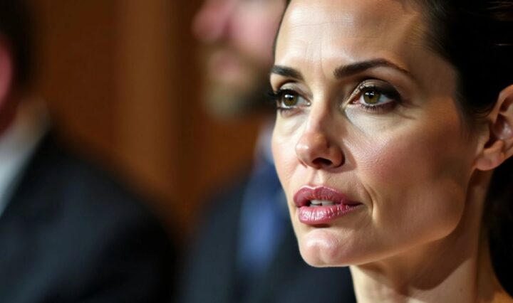 Angelina Jolie in a courtroom, looking thoughtful and strong.