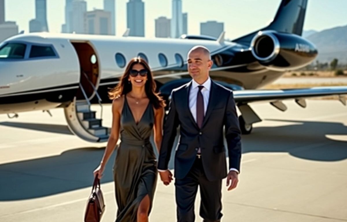 Bezos and Sánchez exiting private jet
