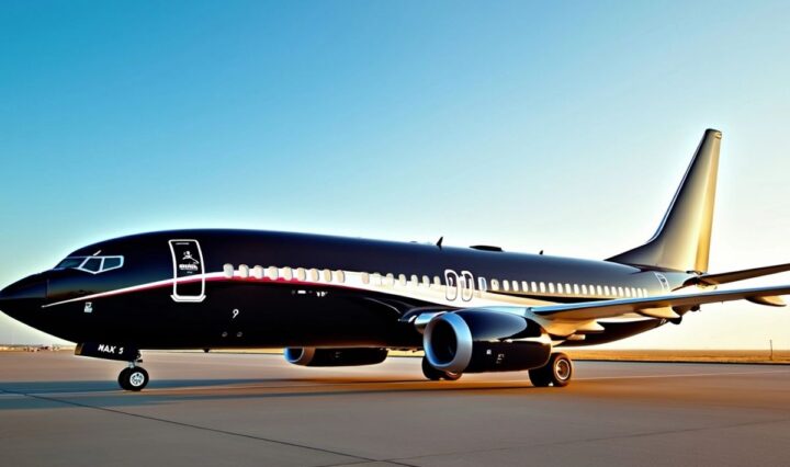 Boeing 737 MAX 9 on a runway under blue sky.