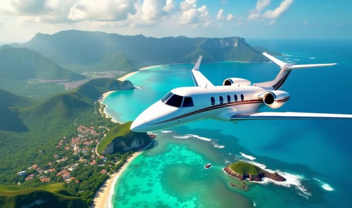 Private jet flying over beautiful holiday destinations.