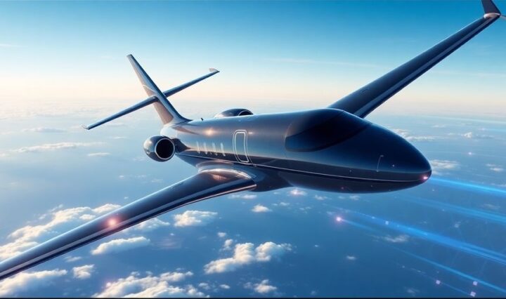 Futuristic private jet with digital AI technology elements.