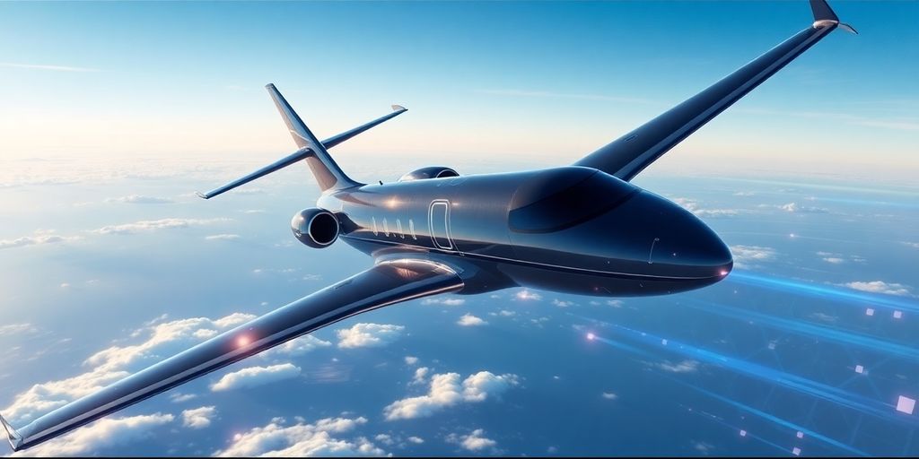 Futuristic private jet with digital AI technology elements.