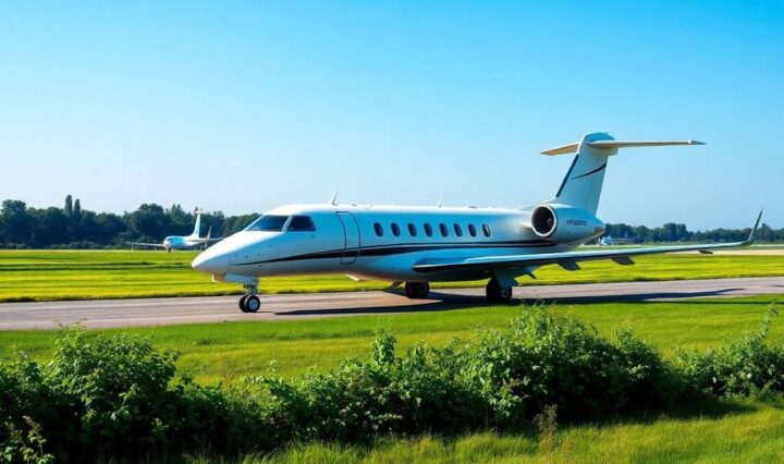 Private jet on runway amidst green landscape and blue sky.