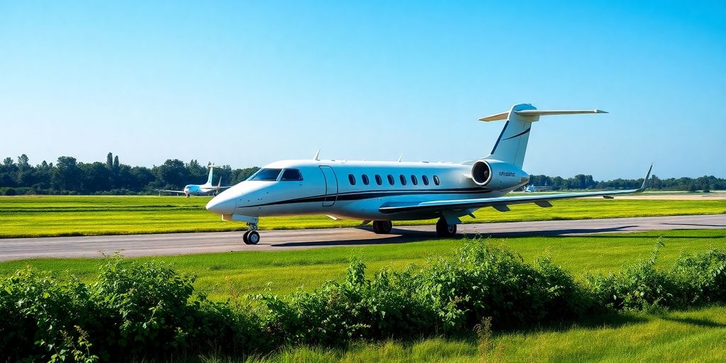 Private jet on runway amidst green landscape and blue sky.