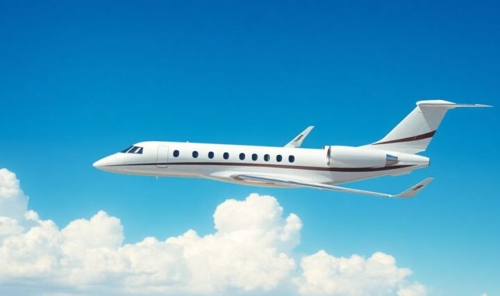 Private jet flying in a blue sky with clouds.