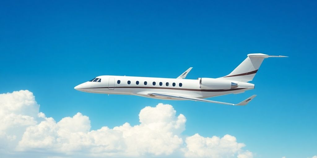 Private jet flying in a blue sky with clouds.