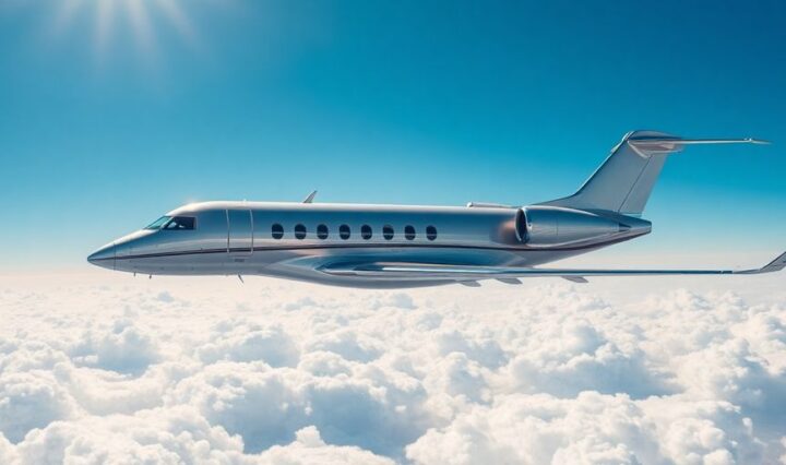 Private jet flying above clouds in clear blue sky.