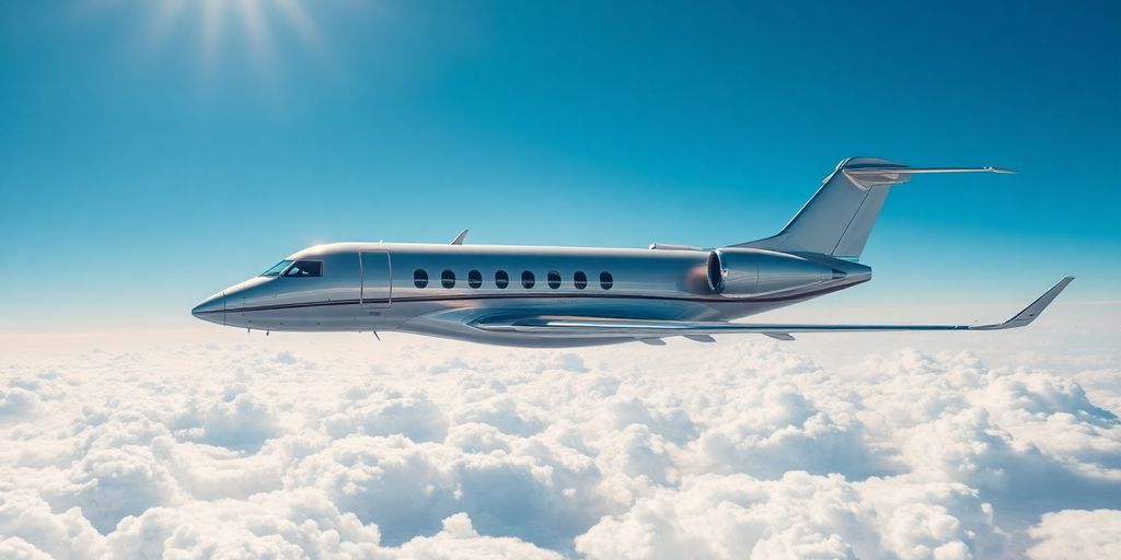 Private jet flying above clouds in clear blue sky.