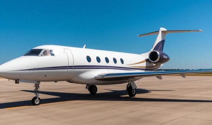 Luxurious private jet on tarmac under blue sky.