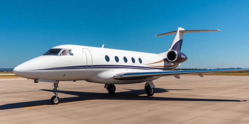Luxurious private jet on tarmac under blue sky.