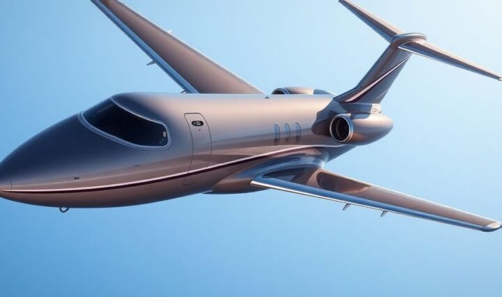 Luxury private jet flying in a clear blue sky.