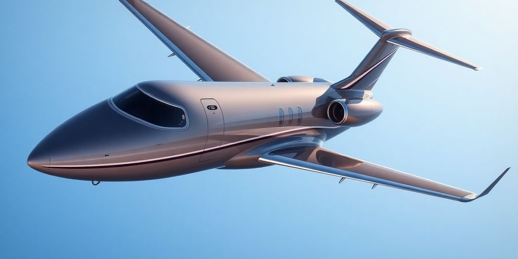 Luxury private jet flying in a clear blue sky.