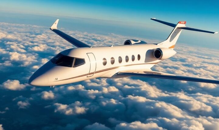 Private jet flying in a clear blue sky.