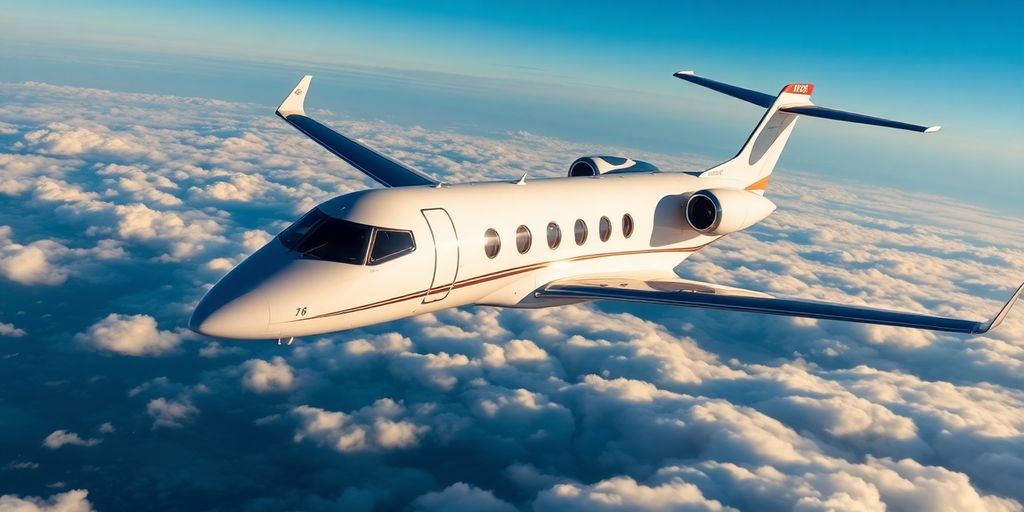 Private jet flying in a clear blue sky.