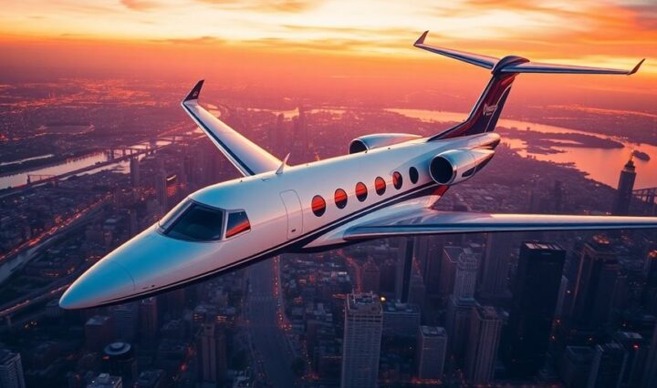 Private jet flying over a city skyline at sunset.