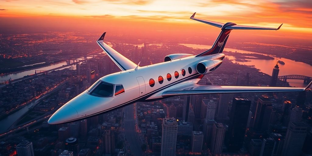 Private jet flying over a city skyline at sunset.
