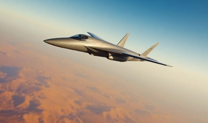 JSX jet flying over sunny landscape.
