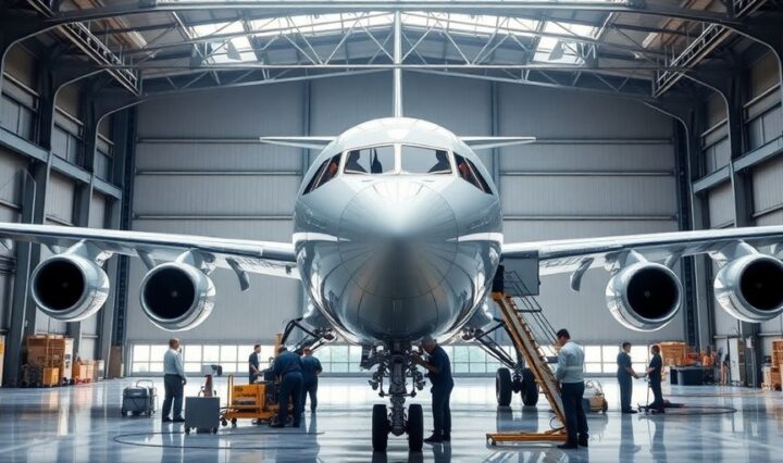 Aircraft receiving maintenance in a hangar.