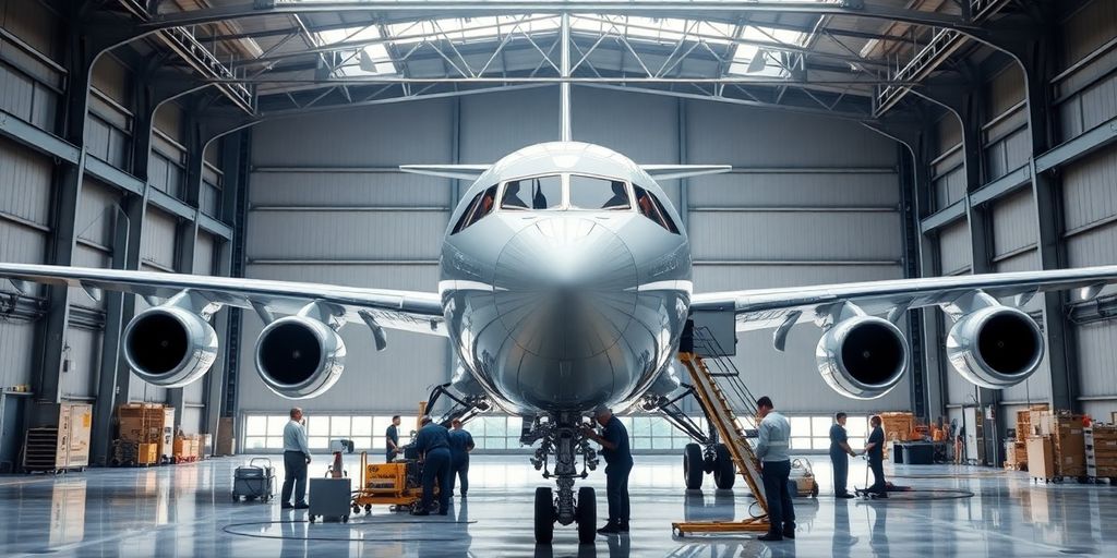 Aircraft receiving maintenance in a hangar.