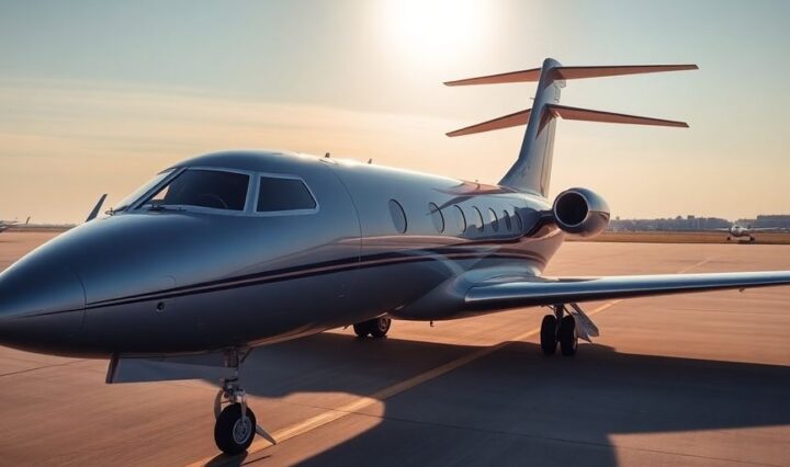 Sleek private jet parked on tarmac.