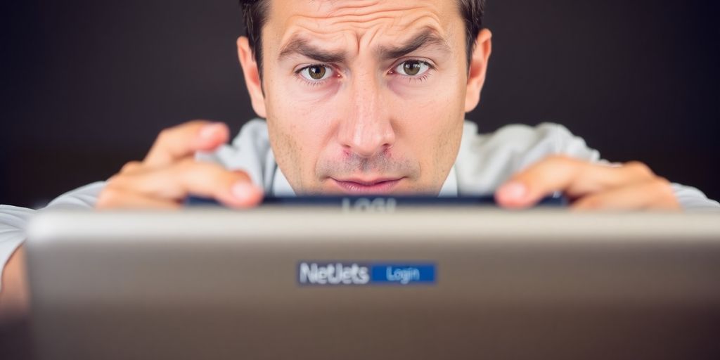 Person frustrated at a laptop screen displaying the NetJets login page.