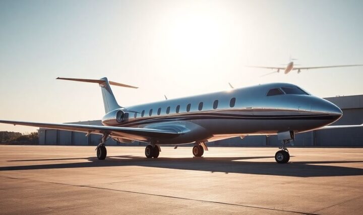 Sleek private jet parked on tarmac.