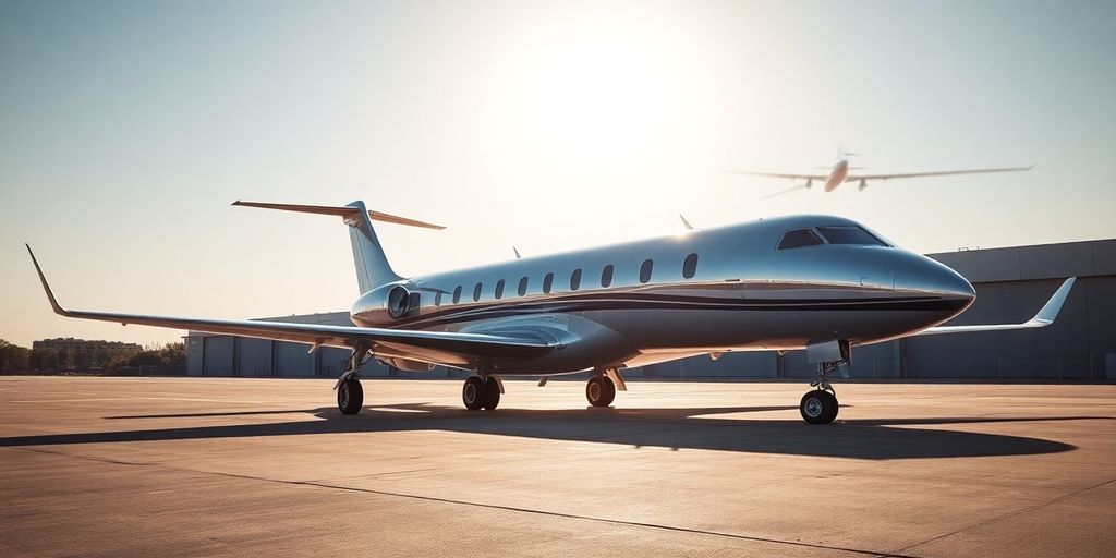 Sleek private jet parked on tarmac.