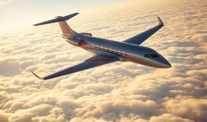 Sleek private jet soaring through clouds.
