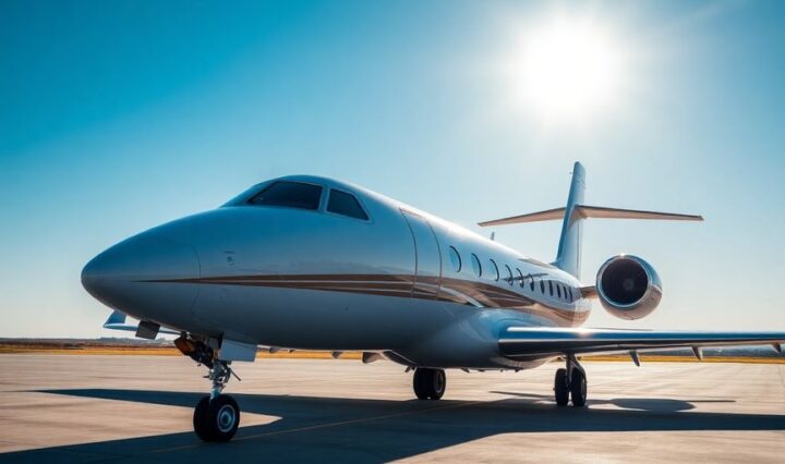 Sleek private jet parked on tarmac.
