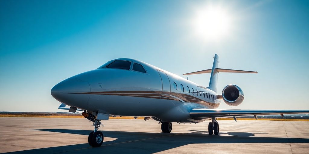 Sleek private jet parked on tarmac.
