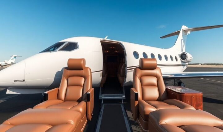 Luxurious private jet interior and exterior.