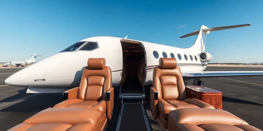 Luxurious private jet interior and exterior.