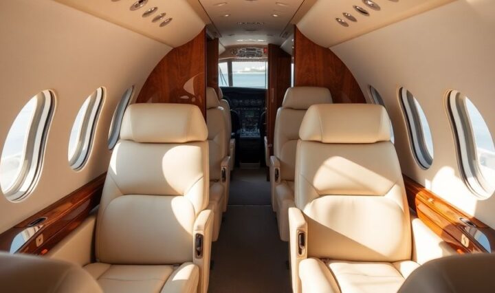 Luxury private jet interior with plush seating.