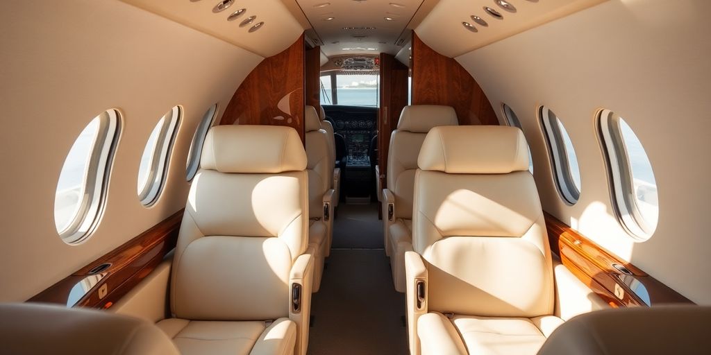 Luxury private jet interior with plush seating.