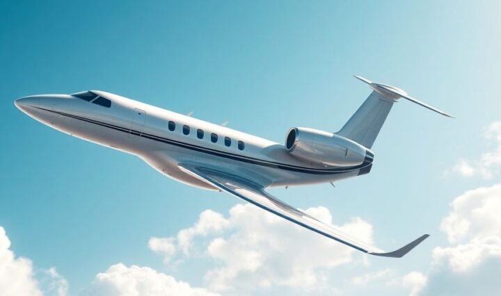 Sleek private jet soaring above clouds.