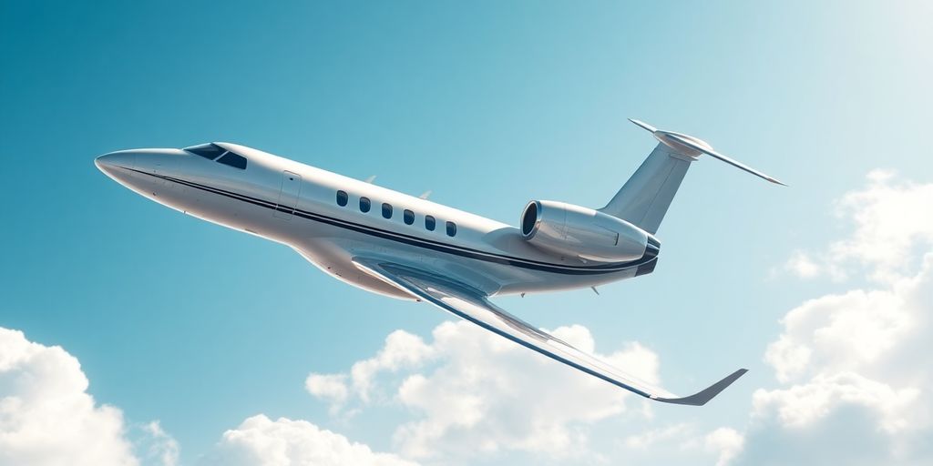 Sleek private jet soaring above clouds.