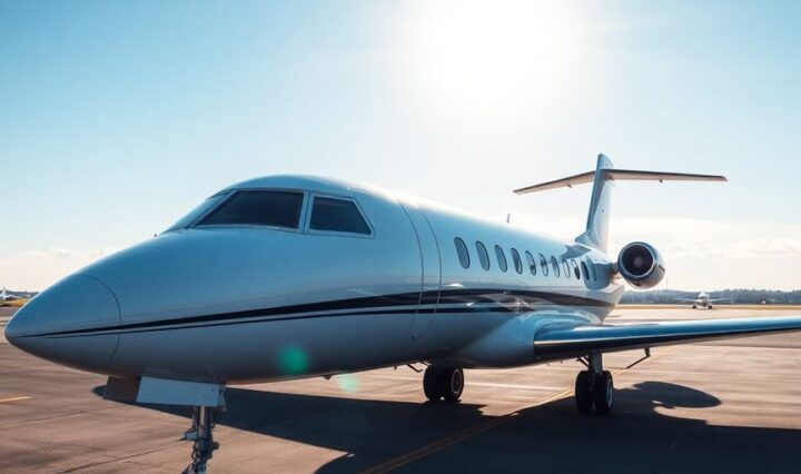 Sleek private jet parked on an airfield.