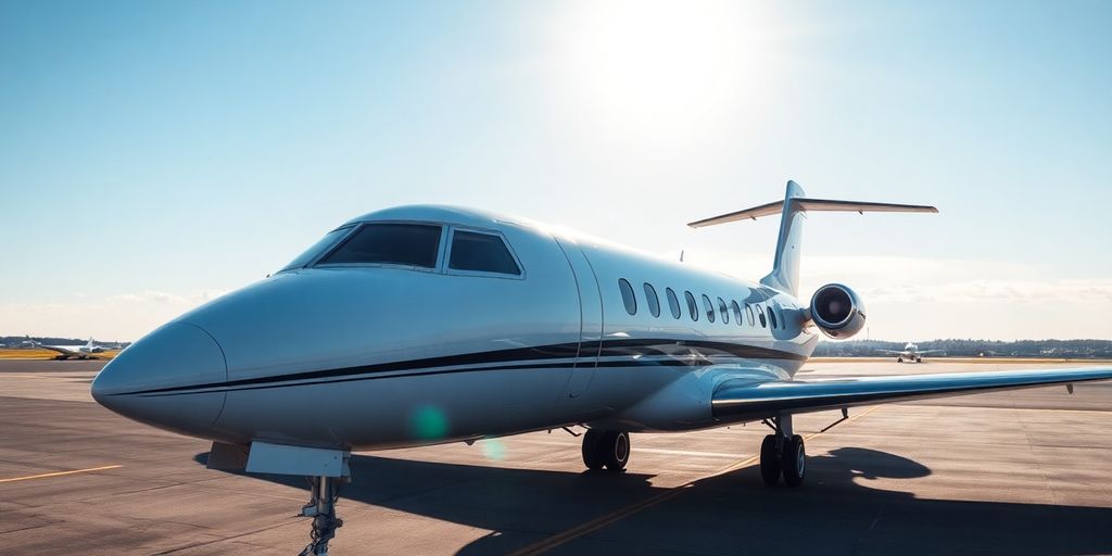 Sleek private jet parked on an airfield.