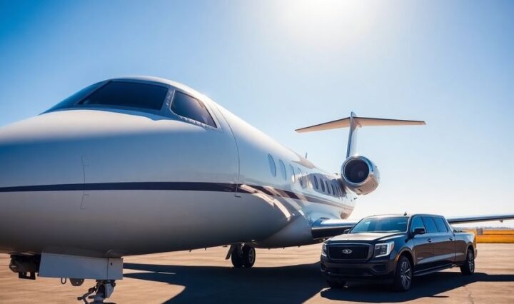 Private jet on tarmac with limousine