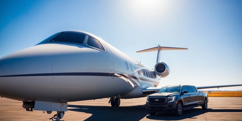 Private jet on tarmac with limousine