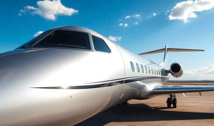 Sleek, modern private jet parked on tarmac.