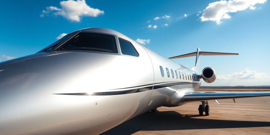 Sleek, modern private jet parked on tarmac.