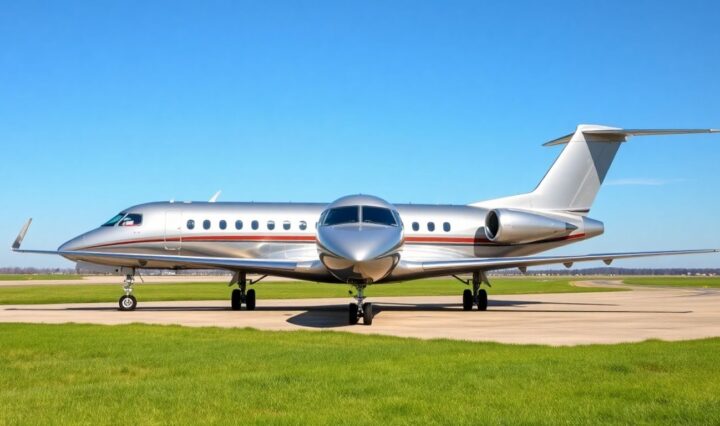 Lockheed Jetstar business jet on airport tarmac under blue sky.