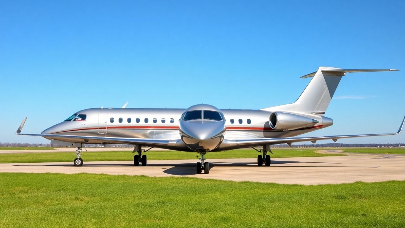 Lockheed Jetstar business jet on airport tarmac under blue sky.