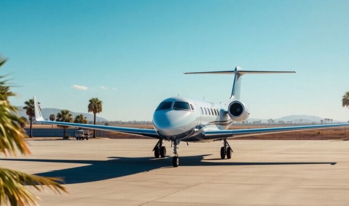 Private jet on tarmac with palm trees.