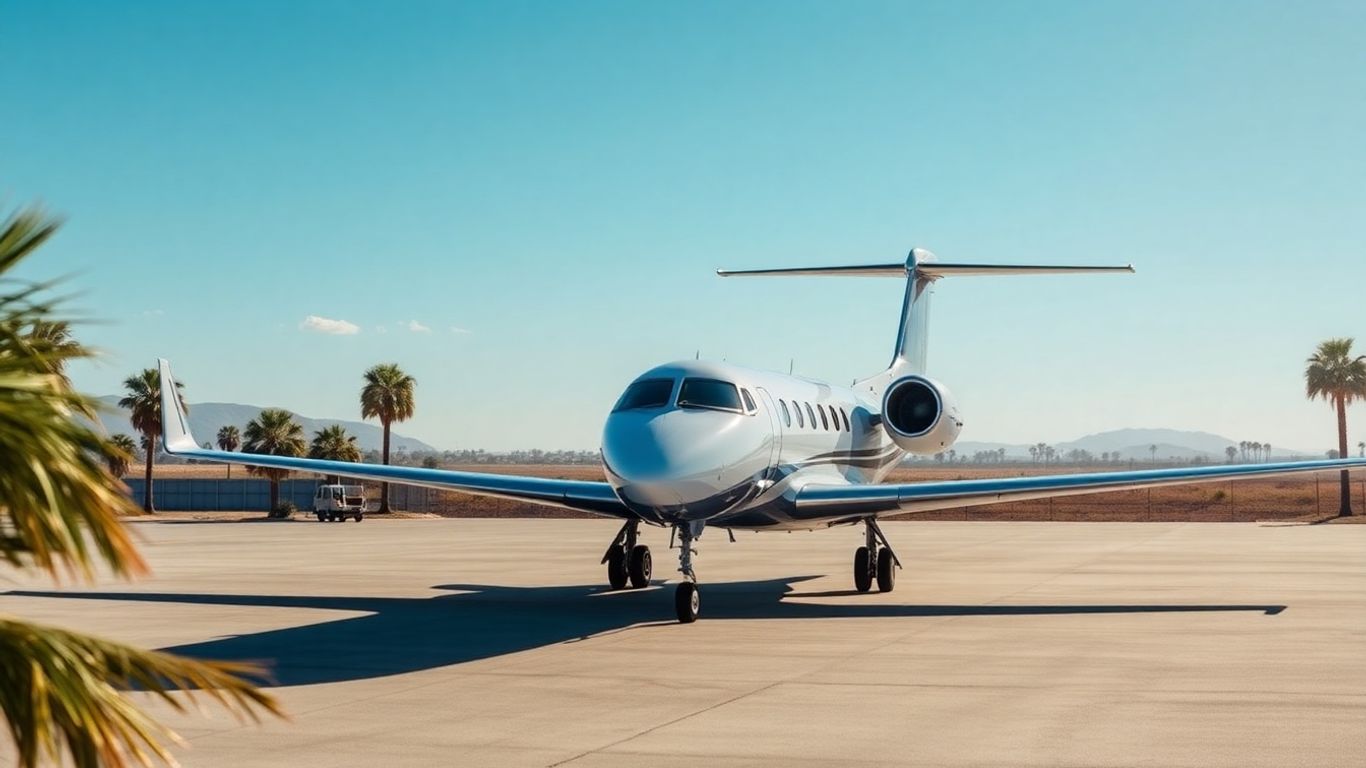 Private jet on tarmac with palm trees.
