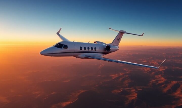 Private jet flying over USA landscape.