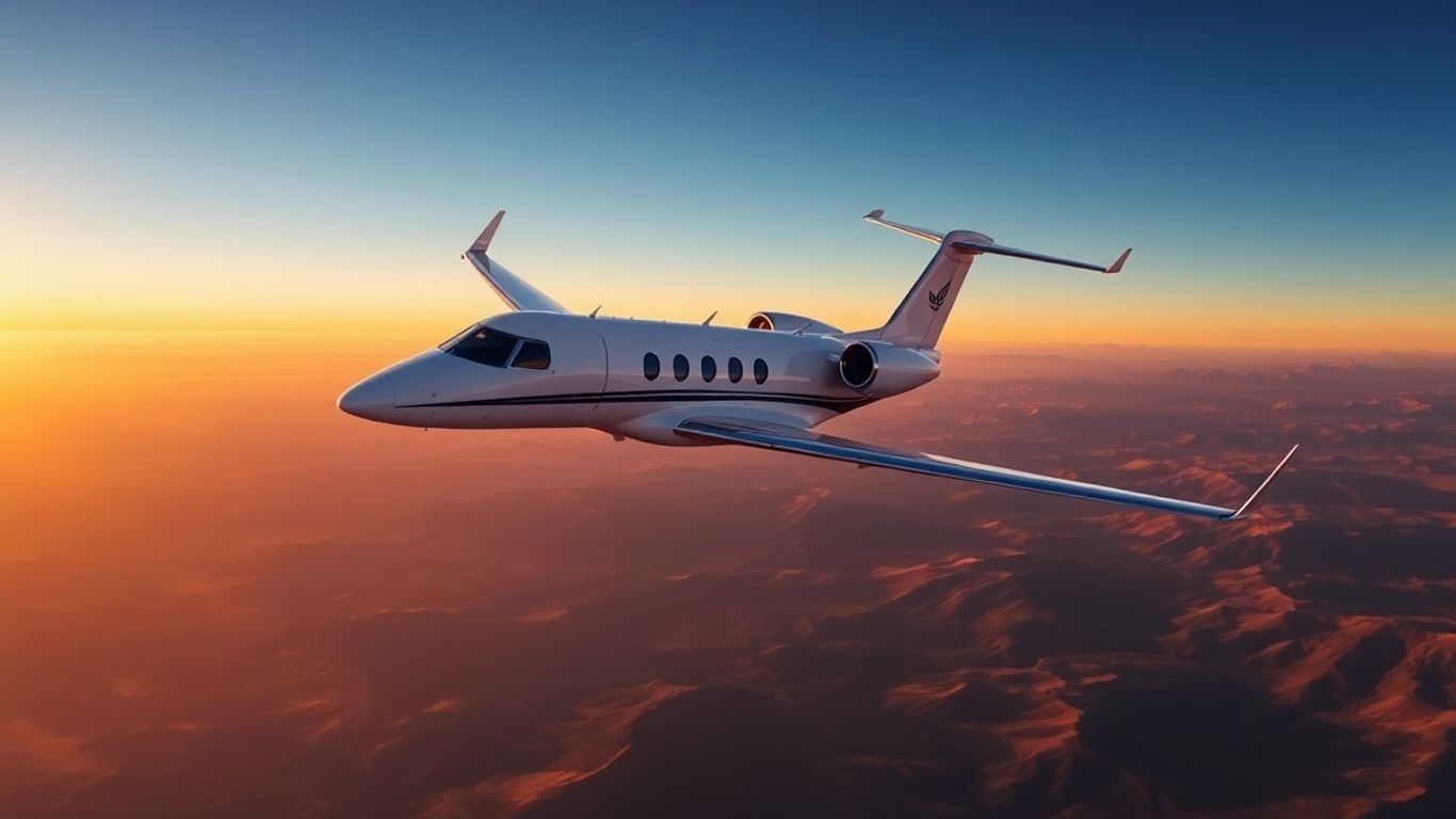 Private jet flying over USA landscape.