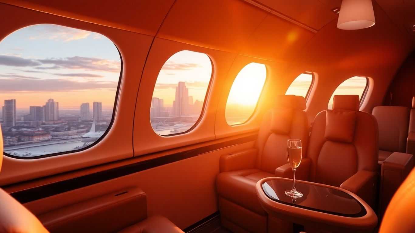 Luxury private jet interior with city view.